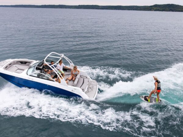 2023 Four Winns HD3 Surf with a blue hull, from a birds eye view