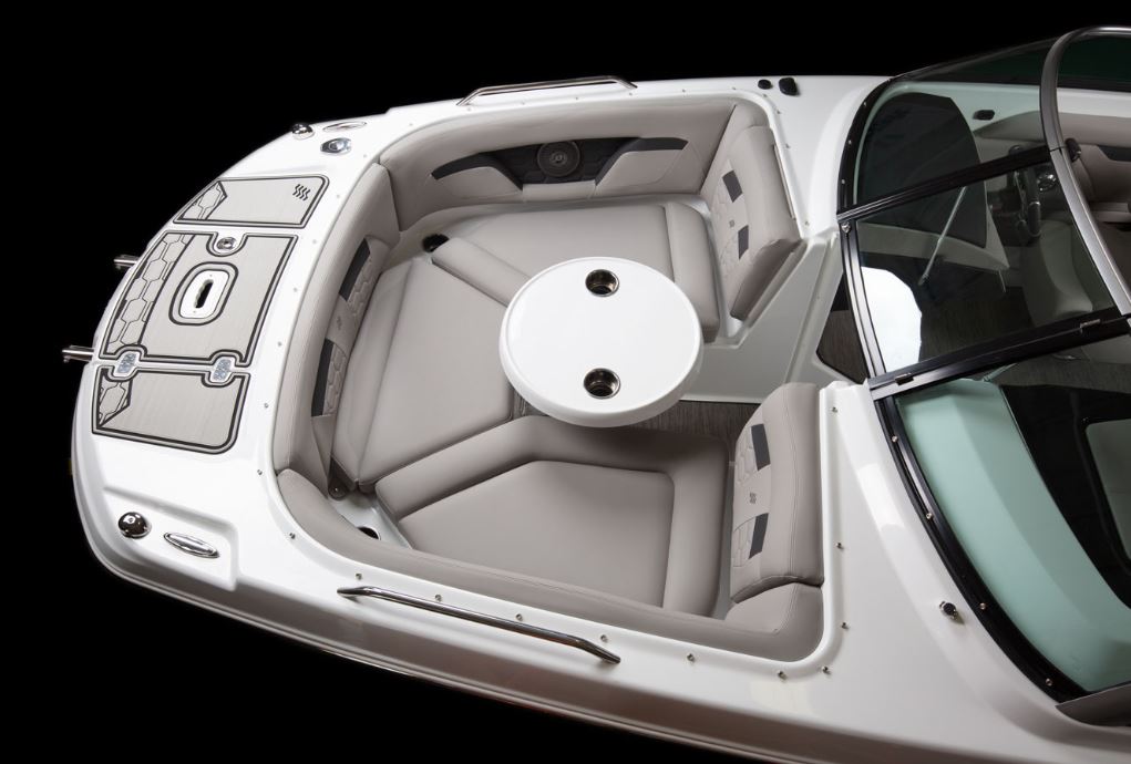 seating and small table in the bow of the 2023 Four Winns HD3Surf