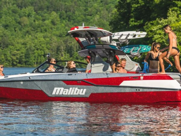 Malibu M240 with a red, silver and white hull