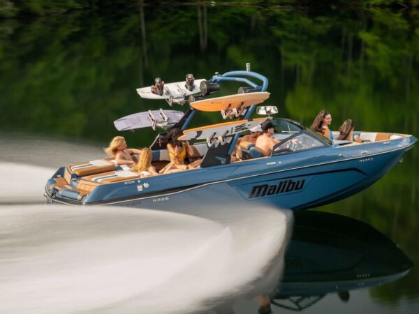 Malibu 23 LSV with a blue hull with black writing