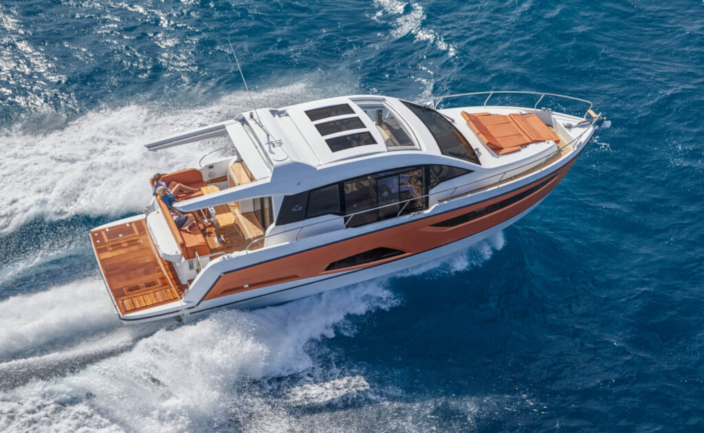 2024 Sealine C430 birds eye view with a orange hull